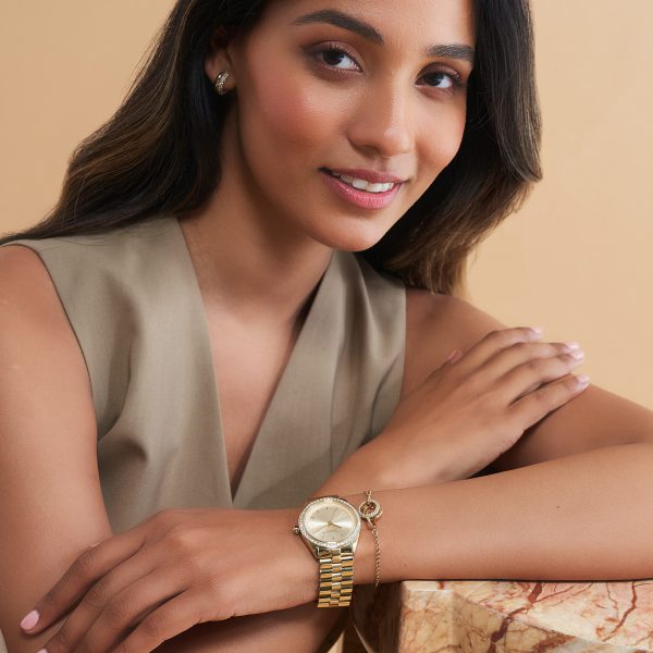 34mm Bejewelled Gold Bracelet Watch - Image 6