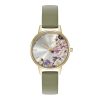 30mm Illustrated Florals Gold & Sage Green Leather Strap Watch