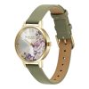 30mm Illustrated Florals Gold & Sage Green Leather Strap Watch - Image 2